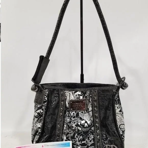 Ed Hardy Black & Silver Patent Leather Shoulder Bag Regualer Medium Size Bag - Picture 9 of 9